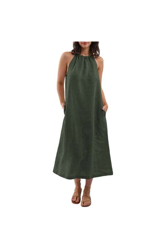 Jumper Dress Wedding Dresses for Bride Women's Spring and Summer Solid Color Sling Loose Linen Dress Army Green 2X