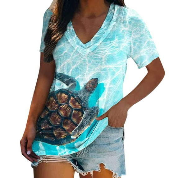 asdoklhq Juniors Plus Blouses & Shirts,Women Summer Tops Sea Turtle Printed Short Sleeve V-Neck T Shirts Coastal Tees Holiday T-Shirt Casual Loose Fit Blouse