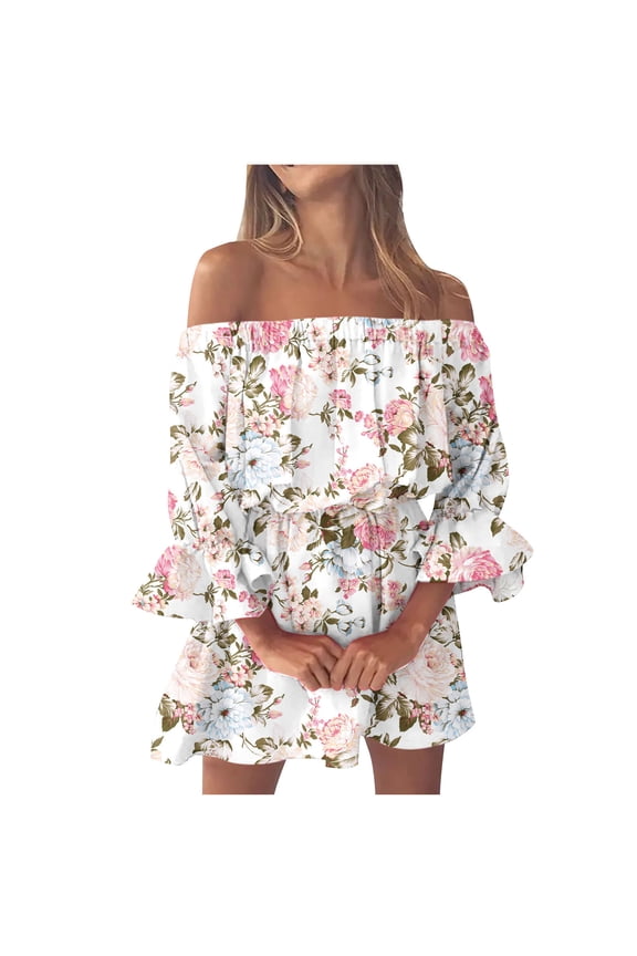 Juniors Plus Dresses & Rompers,Stylish Women's Summer Casual Off Shoulder Bell Sleeve Solid and Printed Dresses