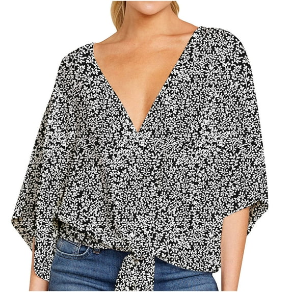asdoklhq Juniors Plus Tops & T-Shirts, Woman Causal V-Neck Printing Blouse 3/4Sleeve Bandag T-Shirt Summer Tops
