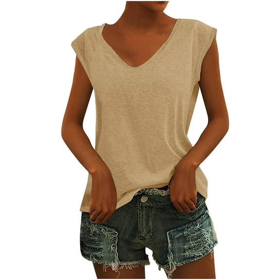 asdoklhq Juniors Plus Tops & T-Shirts, Woman Causal V-Neck Solid Blouse Sleeveless T-Shirt Summer Tops