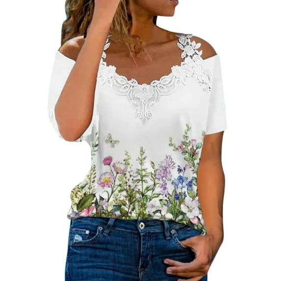 asdoklhq Juniors Plus Tops & T-Shirts,Women Print T-Shirt Short Sleeve Lace Splicing Cold Shoulder V Neck Tops Summer Casual Blouse