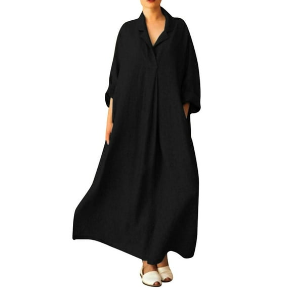 asdoklhq Ladies Dresses Clearance $5,Women Plus Size Long Sleeve Cross V Neck Maxi Dress Full Length Shirt Line Dress
