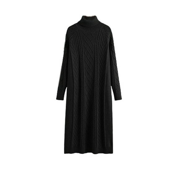 asdoklhq A Line Dresses for Women Solid Color Lazy Style Knee Length Wool Dress Loose Thickened Dough Twists Knitting Long Sleeve High Neck Dress In Fall and Winter Black Free Size