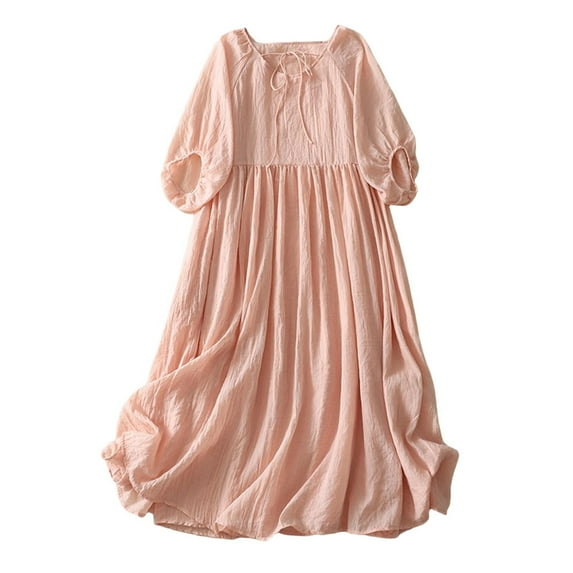 asdoklhq Long Dresses for Women Casual Vacation Style Loose Solid Color Shoulder Length Quarter Sleeve Tied Dress Pink 2X