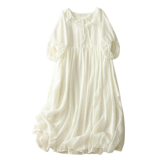 asdoklhq Long Dresses for Women Casual Vacation Style Loose Solid Color Shoulder Length Quarter Sleeve Tied Dress White 2X