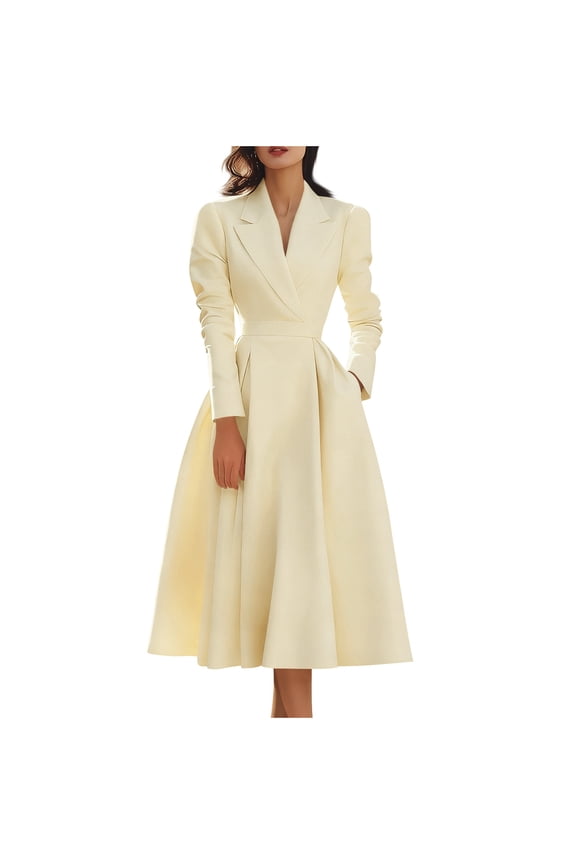 Long Dresses for Women Fashion Women Casual Turndown Colaar Slim Solid Long Leeve Evening Gown Dresses with Pocket Beige 2X