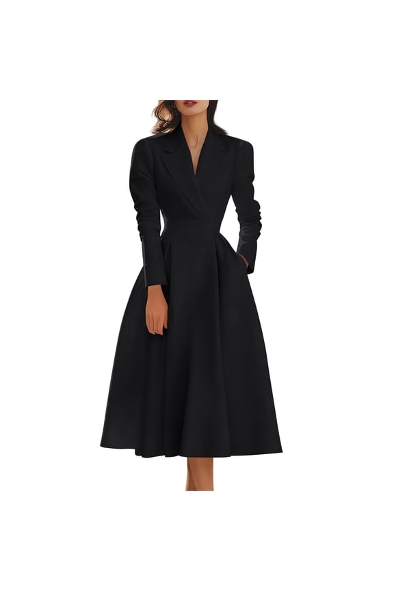 Long Dresses for Women Fashion Women Casual Turndown Colaar Slim Solid Long Leeve Evening Gown Dresses with Pocket Black 2X