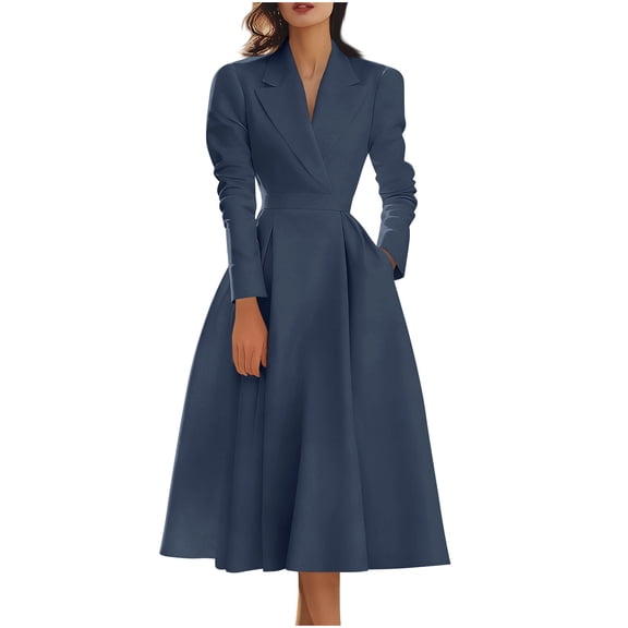 asdoklhq Long Dresses for Women Fashion Women Casual Turndown Colaar Slim Solid Long Leeve Evening Gown Dresses with Pocket Navy 2X