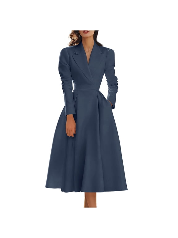 Long Dresses for Women Fashion Women Casual Turndown Colaar Slim Solid Long Leeve Evening Gown Dresses with Pocket Navy 2X