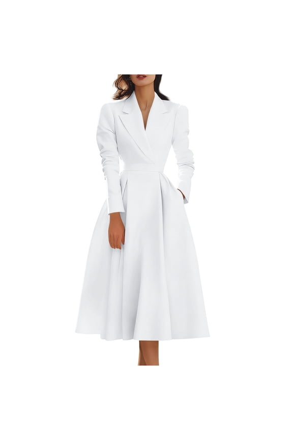 Long Dresses for Women Fashion Women Casual Turndown Colaar Slim Solid Long Leeve Evening Gown Dresses with Pocket White 2X
