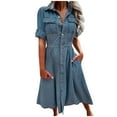 thumbnail image 1 of asdoklhq Long Dresses for Women Spring/Summer Lapel Breasted Casual Button Pocket Denim Dress Blue XL, 1 of 5