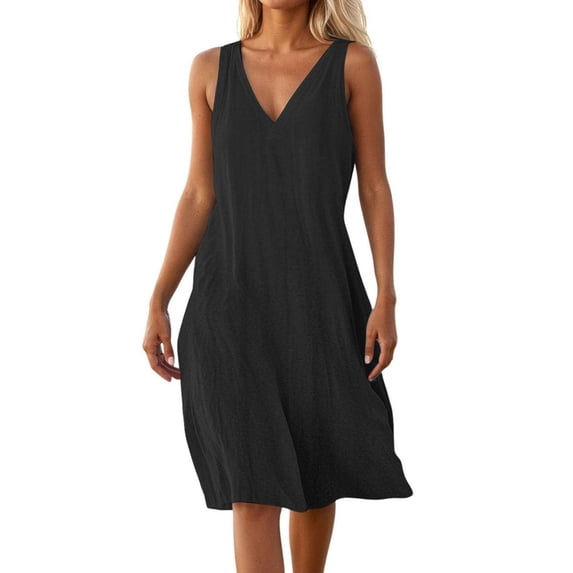asdoklhq Long Sleeve Dress Fashion Women Summer Casual V-Neck Sleeveless Solid Long Dress Black 3X