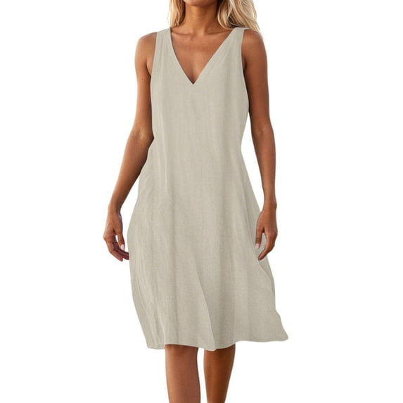 asdoklhq Long Sleeve Dress Fashion Women Summer Casual V-Neck Sleeveless Solid Long Dress Khaki 2X
