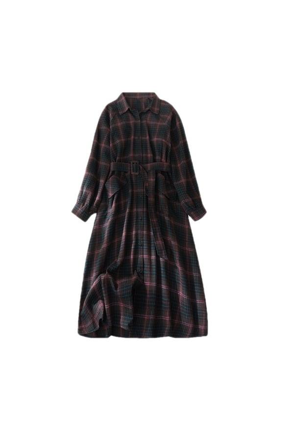 Long Sleeve Dress Women's High Waist Checkered Pullover Dress Mid Length Plaid Lapel Dress Coffee 2X