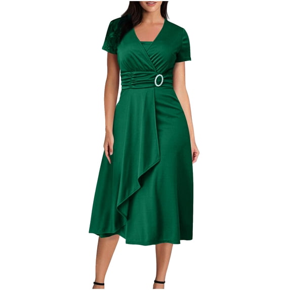 asdoklhq Long Sleeve Dress for Women Short Sleeve Women's Summer Solid Color Short Sleeve -Neck Dress Green XL