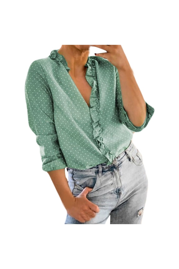 Long Sleeve Shirts for Women,Women Wave Point Print Blouse Tops Cotton Long Sleeve Coat V-Neck Blouse