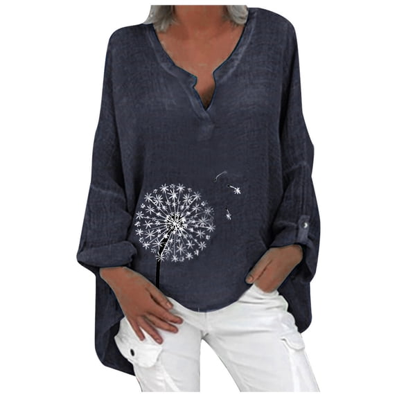 asdoklhq Long Sleeve T Shirts for Women,Plus Size Women Casual Long Sleeve Floral Print Loose V-neck Shirt Blouse Top