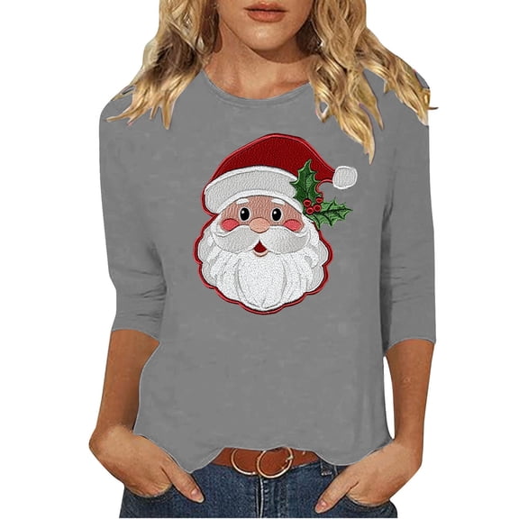 asdoklhq Long Sleeve Tops Christmas Ladies' Christmas Round Neck 3/4 Sleeve T-shirt Shirt Gray M