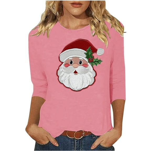 asdoklhq Long Sleeve Tops Christmas Ladies' Christmas Round Neck 3/4 Sleeve T-shirt Shirt Pink 3X