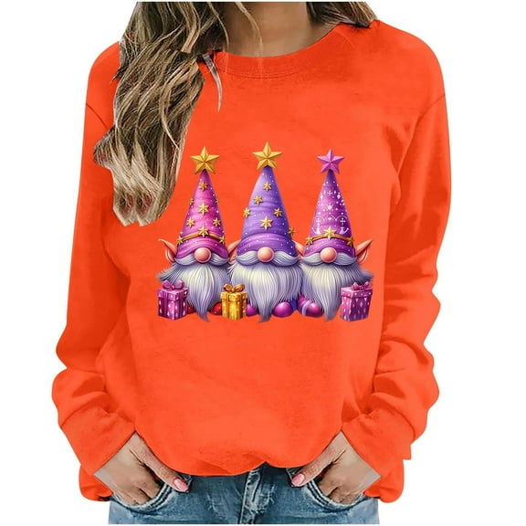 asdoklhq Long Sleeve Tops for Women Christmas Women's Round Neck Christmas Printed Sweatshirt Long Sleeved Top Sweatshirt Orange M