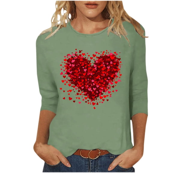 asdoklhq Love Heart Print T-Shirt Women Day Printed 3/4 Sleeve Crew Neck Fashion Pullover Tops T-Shirt Green 2X