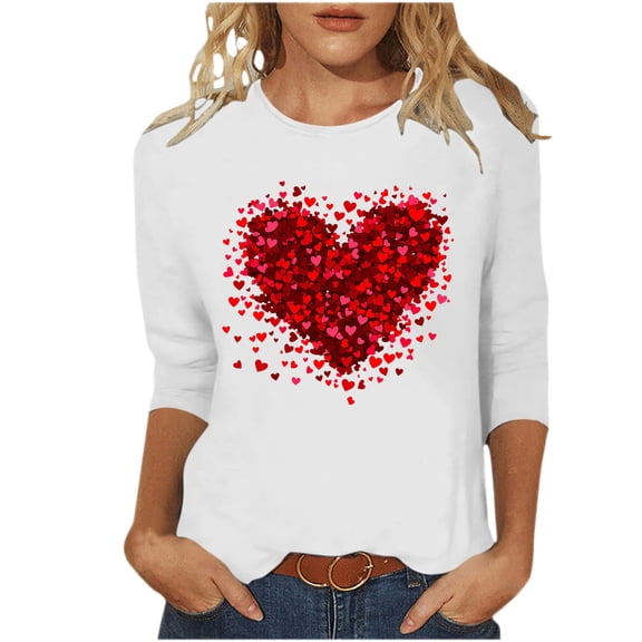 asdoklhq Love Heart Print T-Shirt Women Day Printed 3/4 Sleeve Crew Neck Fashion Pullover Tops T-Shirt White XL