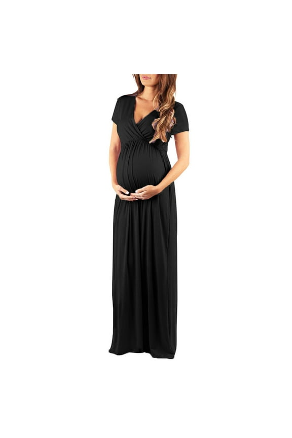 Maternity Clothes for Women,Woman Solid V-Neck Short Sleeve Elasticity Pregnant Maternity Nursing Long Dress