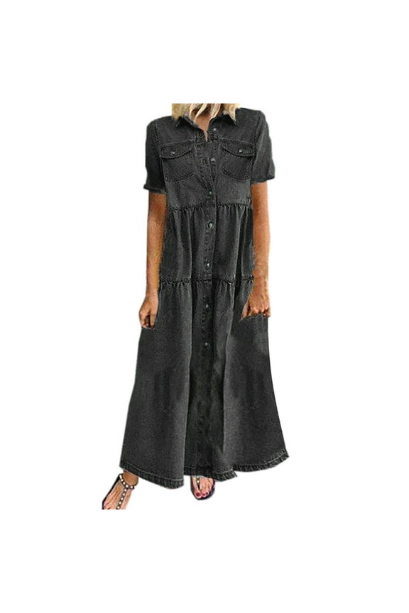 Maternity Dress,Fashion Women Button Loose Solid V-neck Lmitation Denim Short Sleeve Long Dress