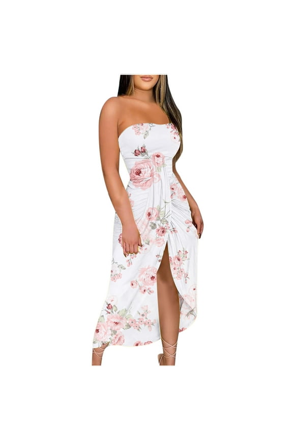 Maternity Dress,Women's Summer Print Strapless Long Dress Beach Split Dress Party Club Dress
