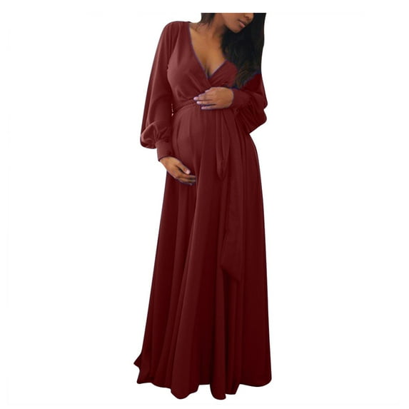 asdoklhq Maternity Dresses for WomenWomen Pregnant Maternity V-Neck Long Sleeve Solid Ruffles Frenulum Dress