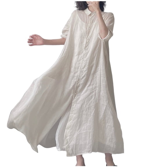 asdoklhq Maxi Dress Short Sleeve Women’s Round Neck Loose Dress White M