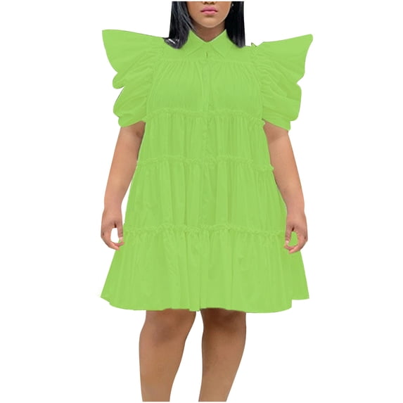 asdoklhq Maxi Dress Womens Solid Color Court Style Loose Flounce Dress Green XL
