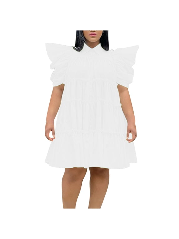 Maxi Dress Womens Solid Color Court Style Loose Flounce Dress White 2X