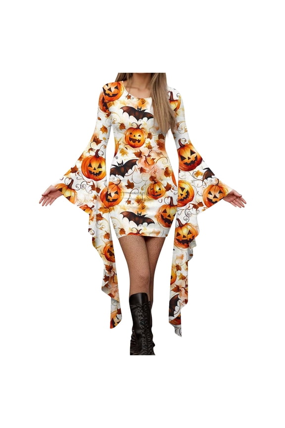 Maxi Dresses for Women Fashion Printed Long Sleeve Round Neck Pullover Patchwork Dress Orange XL