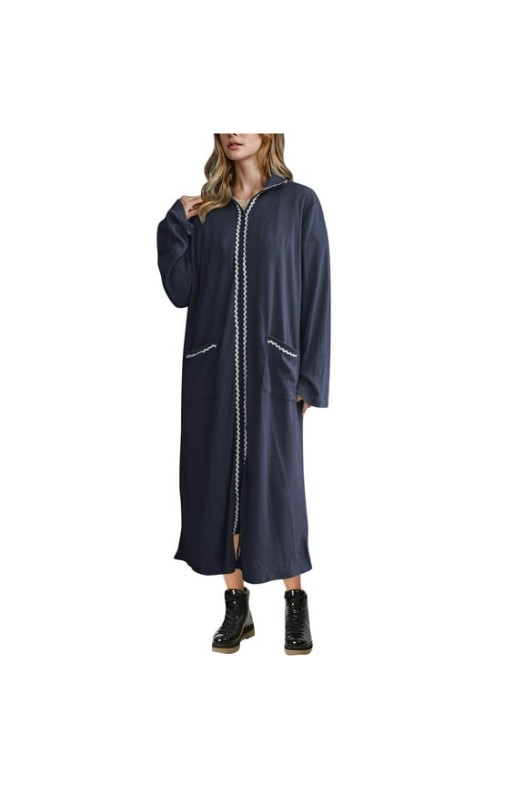 Maxi Dresses for Women Solid Color Casual Comfortable Round Neck Long Sleeved Dress Navy XS