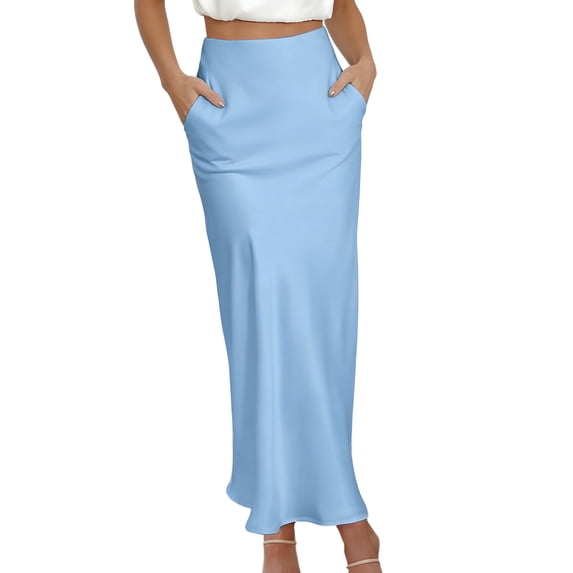 asdoklhq Maxi High Waist Skirts for Women Flowy Chiffon Ladies' Fashion Solid Color Chiffon Satin Midi Dress with Pockets Light Blue M