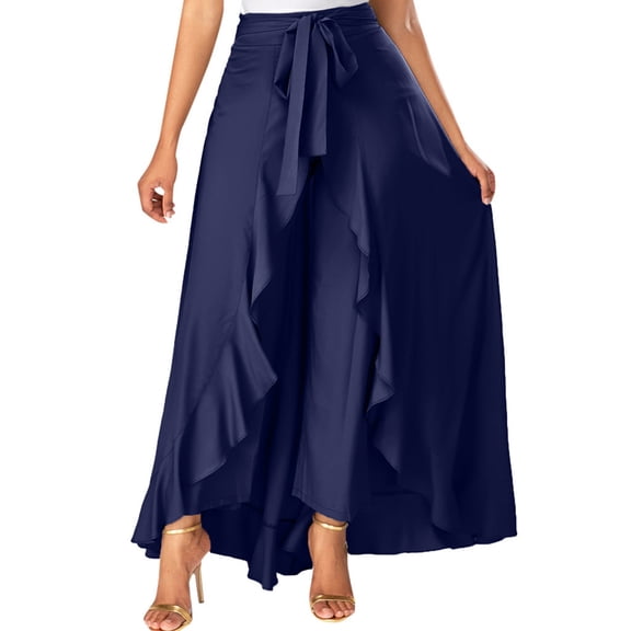 asdoklhq Maxi Skirts for Women Flowy Chiffon Trendy Women's Casual Hakama Irregular Leaf Bow High Waist Long Culottes Skirt Navy 3X