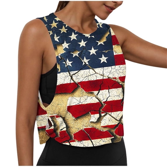 asdoklhq Memorial Day Linen Shirts Usa Patriotic Tank Tops Women's Casual Fashion Print Sports Yoga Sleeveless Round-Neck Tank Navy 2X