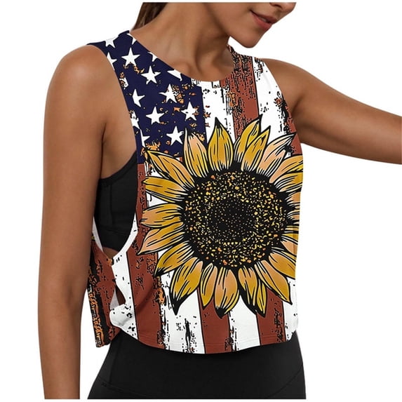 asdoklhq Memorial Day Linen Shirts Usa Patriotic Tank Tops Women's Casual Fashion Print Sports Yoga Sleeveless Round-Neck Tank Sky Blue S