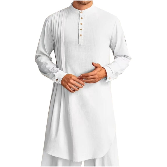 asdoklhq Mens Kaftan Robe Cotton Linen Thobe Dubai Long Gown Ethnic Men's Muslim Robe Set Arab Middle Robe Long Sleeve Standing Neck Pocket Button Casual Robe White M
