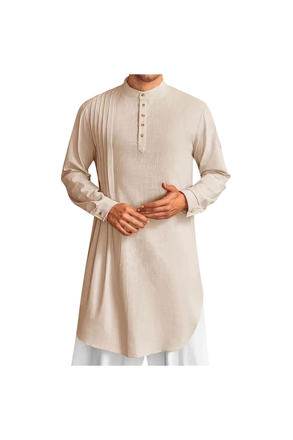 Mens Kaftan Robe Cotton Linen Thobe Dubai Long Gown Ethnic Men's Muslim Robe Set Arab Middle Robe Long Sleeve Standing Neck Pocket Button Casual Robe Khaki S
