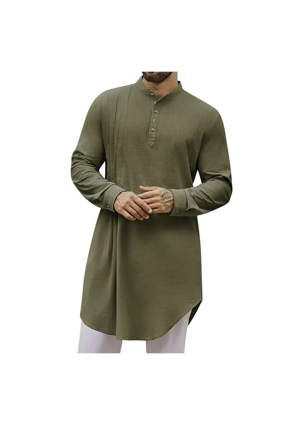 Mens Kaftan Robe Cotton Linen Thobe Dubai Long Gown Ethnic Men's Muslim Robe Set Arab Middle Robe Long Sleeve Standing Neck Pocket Button Casual Robe Army Green 2X