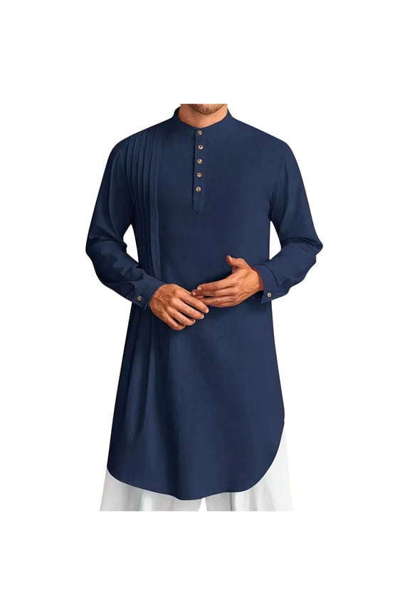 Mens Kaftan Robe Cotton Linen Thobe Dubai Long Gown Ethnic Men's Muslim Robe Set Arab Middle Robe Long Sleeve Standing Neck Pocket Button Casual Robe Navy S