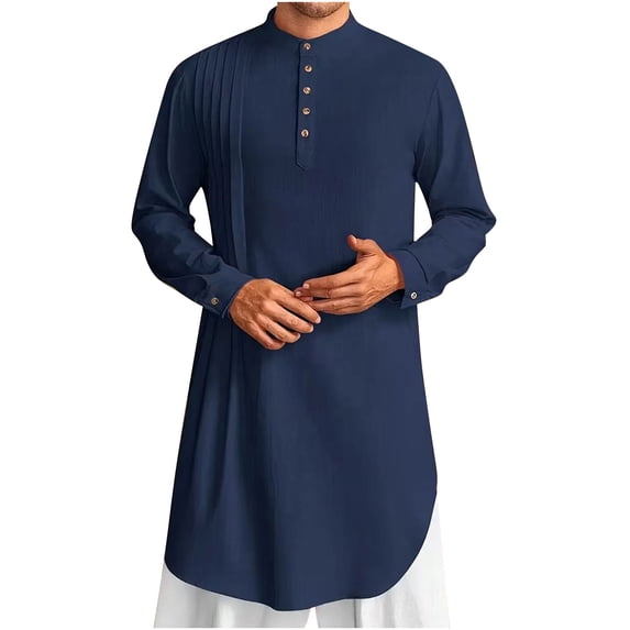 asdoklhq Mens Kaftan Robe Cotton Linen Thobe Dubai Long Gown Ethnic Men's Muslim Robe Set Arab Middle Robe Long Sleeve Standing Neck Pocket Button Casual Robe Navy S
