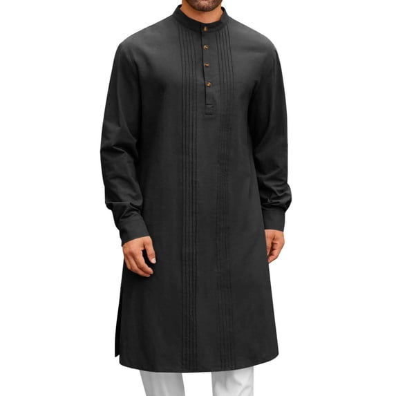 asdoklhq Mens Kaftan Robe Muslim Thobe Button Down Men's Muslim Robe Set Arab Middle Robe Long Sleeve Standing Neck Pocket Button Casual Robe Black L