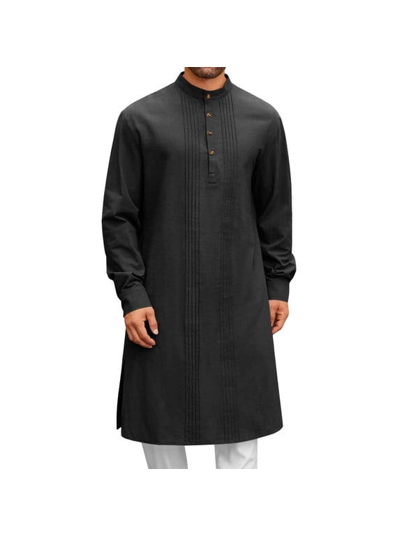 Mens Kaftan Robe Muslim Thobe Button Down Men's Muslim Robe Set Arab Middle Robe Long Sleeve Standing Neck Pocket Button Casual Robe Black M