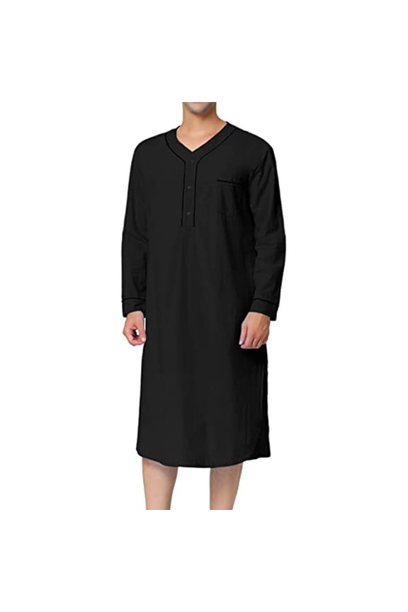 Mens Kaftan Robe White Kaftan Cotton Linen Thobe Men's Muslim Gown Medium Long Sleeve Standing Neck Button Home Suit Comfortable Loose Sleeping Dress Gown Black 3X