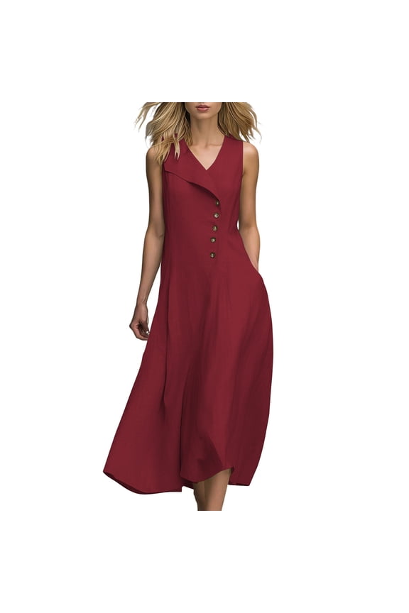 Midi Dresses for Women Easter Dress Formal Long Dress Women's Sleeveless Dress Asymmetrical Button Detail Casual Flowy A-Line Dress with Pockets Wine 2X