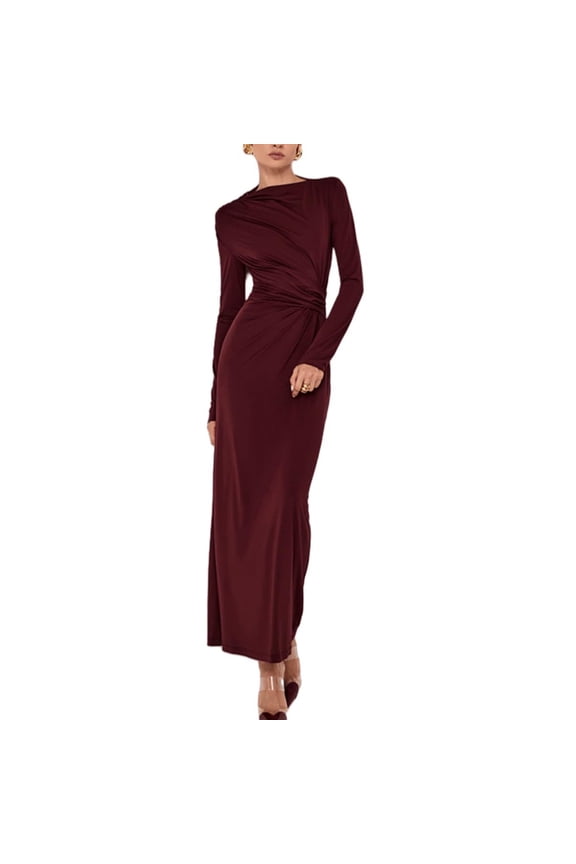 Midi Dresses for Women Asymmetrical Neck Long Sleeve Ruched-Waist Slim Solid Maxi Dress Red L